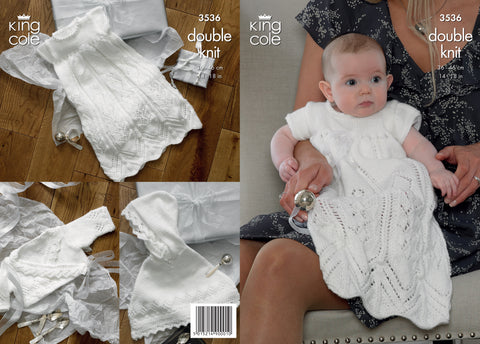 Image of knitting pattern cover showing a baby wearing a christening dress in white DK yarn and matching poncho and crossover cardigan