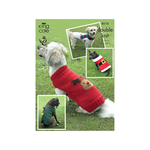 Image of knitting pattern for Christmas dog coats showing reindeer, Santa, elf and snowman designs