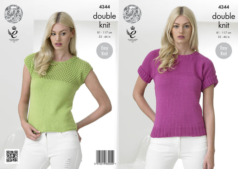 Image of cover of knitting pattern showing two designs of summer tops in green and pink cotton yarn
