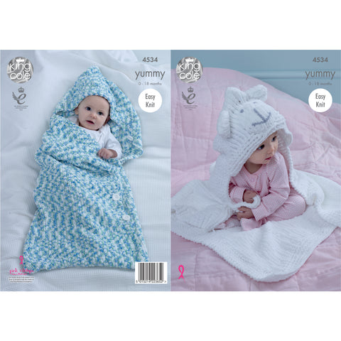 Image of knitting pattern cover featuring a hooded baby blanket and baby cocoon