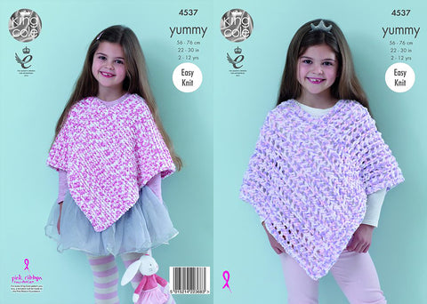 Image of cover of knitting pattern featuring two poncho designs for girls in pink and white or purple and white