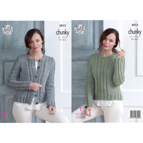 Image of cover of knitting pattern with ladies sweater and cardigan in chunky yarn