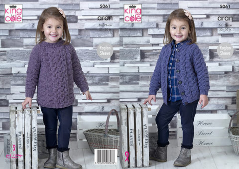 Image of cover of Aran knitting pattern featuring a girl wearing an Aran cardigan and sweater