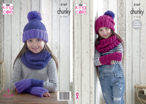 Image of knitting pattern with hat, snood and mitts to knit in chunky yarn for girls ages 4-12 years