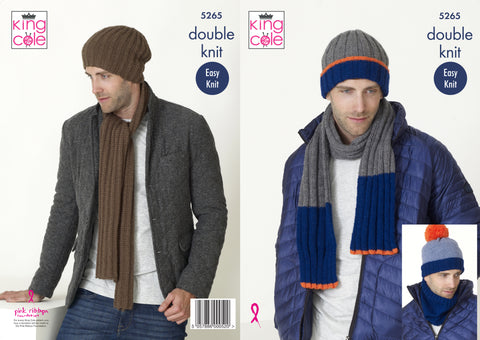 Image of knitting pattern showing hat and scarf sets to knit in DK yarn for men