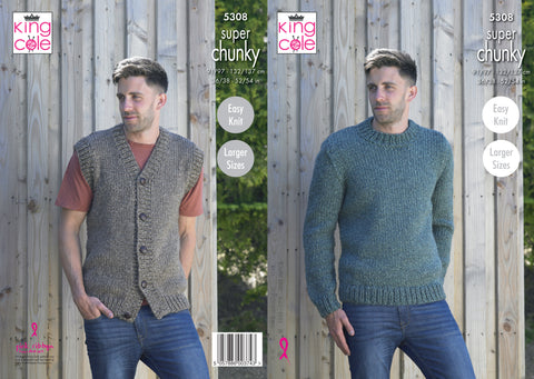 Image of knitting pattern cover featuring a jumper and waistcoat or vest for men knitted in super chunky yarn