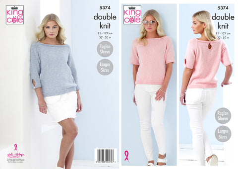 Image of knitting pattern of two summer cotton tops - pink short sleeves and blue/grey three-quarter sleeves. The sleeve cuffs and back of neck have a keyhole detail