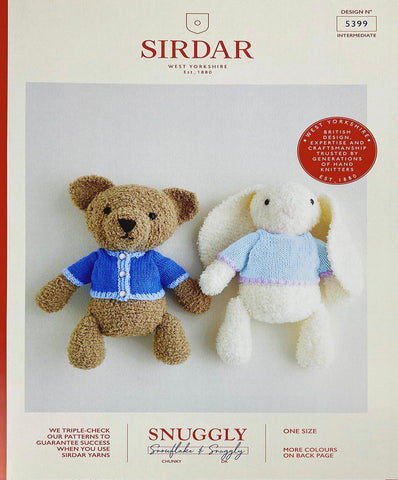 Image of a knitting pattern cover showing a cute teddy in a blue cardigan and white bunny in a pale blue sweater