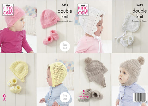 Image of knitting pattern with hats and bootee sets to knit in DK yarn for babies