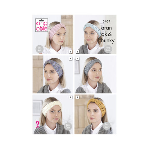 Image of knitting pattern cover showing a selection of six headbands to knit for girls and women