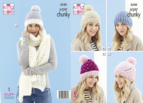 Image of knitting pattern with five hats and a scarf to knit for women in super chunky yarn