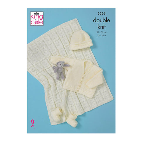 Image of cover of knitting pattern with baby blanket, cardigan and matching hat and bootees