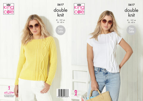 Image of knitting pattern showing summer cotton tops - a white short sleeve and yellow long sleeve - both feature a cable panel