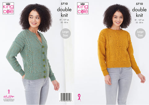 Image of cover of knitting pattern showing a woman wearing a cable patterned sweater in mustard yarn and a matching green cardigan