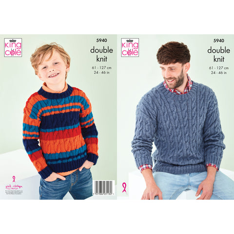 Image of knitting pattern cover showing DK yarn sweater with cable pattern, features a men's option and striped boy's design