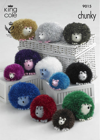 Image of cover of knitting pattern with hedgehogs in a range of colours of tinsel yarn and different sizes