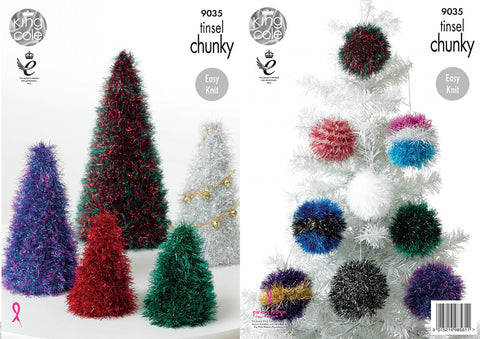 Image of cover of knitting pattern showing a selection of tinsel Christmas trees and tree baubles