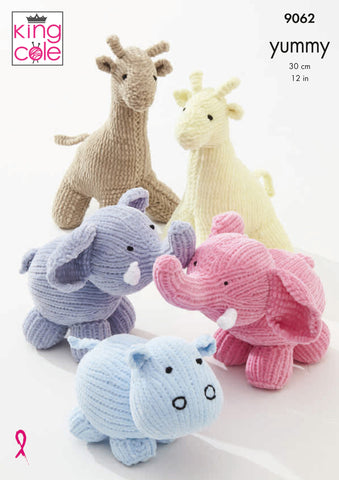Image of cover of knitting pattern showing a hippo, two elephants and two giraffes in different colours. These toys are knitted in Yummy yarn and look soft and perfect for babies