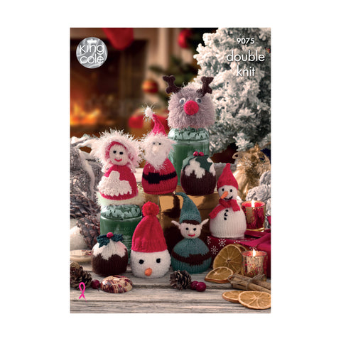 Image of candy cosy knitting pattern with a selection of festive characters to knit