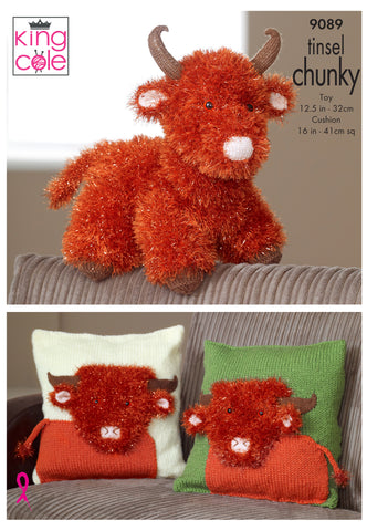 Image of cover of King Cole knitting pattern to knit a Highland Cow toy in orange tinsel chunky yarn. There are also two cushions (white or green) with a Highland Cow face