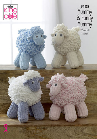 Image of cover of knitting pattern to knit toy sheep. The picture shows two small and two large sheep - blue, cream and pink and one that is knitted in white with blue legs and face. Funny Yummy yarn gives a wooly effect to the body and Yummy yarn gives contrasting smooth faces and legs