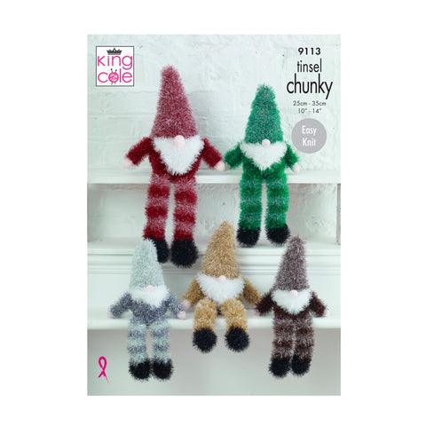 Image of knitting pattern cover showing a selection of tinsel gnomes or gonks in different sizes and colours