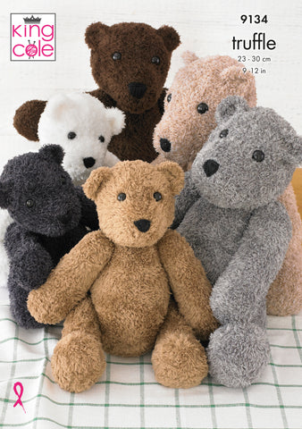 Image of knitting pattern cover showing a group of 6 teddy bears in a range of colours from browns to greys