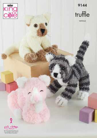 Image of cover of knitting pattern showing three cat toys - sitting, lying and standing - knitted in Truffle yarn