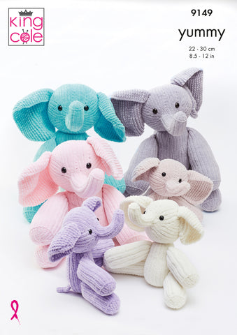Image of cover of knitting pattern showing a range of sizes and colours of elephant toys knitted in Yummy yarn - a soft, chenille yarn that creates beautiful toys