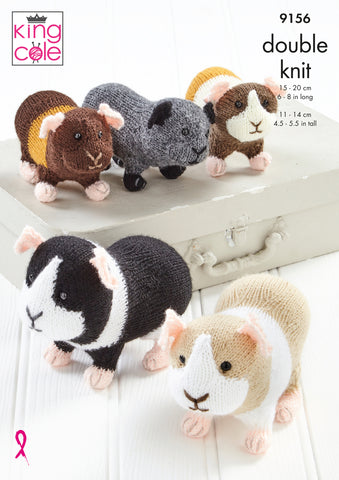 Image of cover of knitting pattern to knit guinea pig toys in DK yarn. The image shows five guinea pigs in a range of colours and sizes with different markings including a stripe and plain (all one colour)