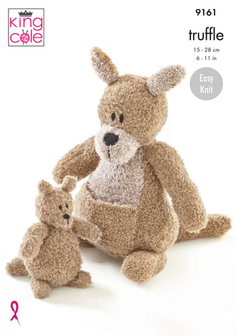 Image of cover of knitting pattern to knit Kangaroo and Joey toys in Truffle yarn 