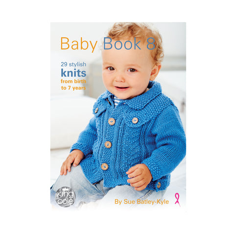 Image of cover of knitting pattern book 8 for babies featuring a baby wearing a blue biker style knitted jacket