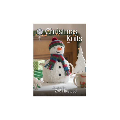 Image of cover of King Cole Christmas Knits book 1 knitting pattern book featuring a snowman tea cosy