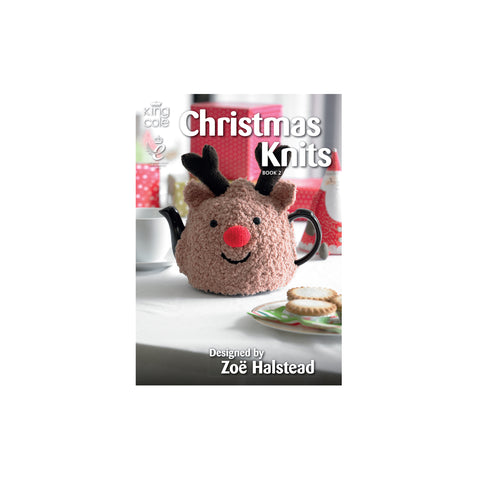 Image of cover of King Cole Christmas Knits book 2 knitting pattern book featuring a reindeer tea cosy