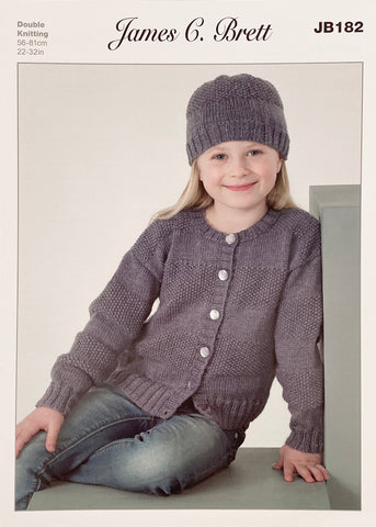 Image of knitting pattern of a girl wearing a cardigan and matching hat. The cardigan has a deep rib and textured blocks created using stocking stitch and moss stitch