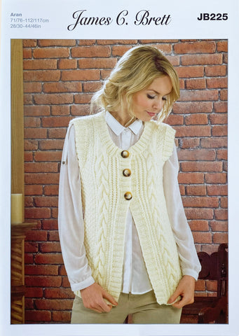 Image of cover of knitting pattern showing a cream coloured waistcoat knitted in Aran yarn. The waistcoat has three buttons at the top and then hangs loose, modelled by a woman