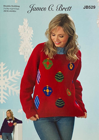 Image of knitting pattern with two designs of Christmas jumpers featuring tree baubles