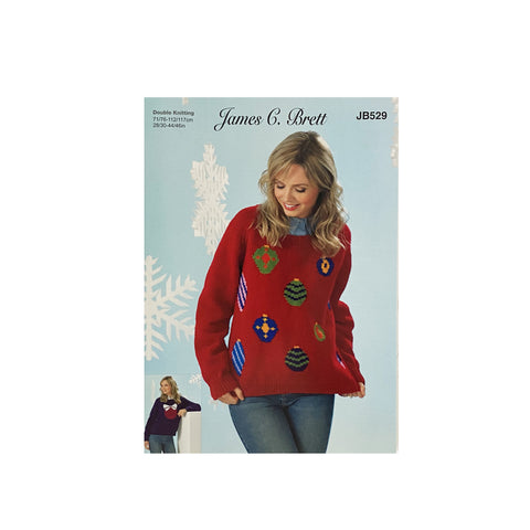 Image of knitting pattern cover showing Christmas jumper with Christmas tree bauble pattern