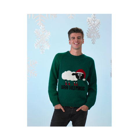 Image of knitting pattern with funny Christmas jumper featuring a sheep and the words Baa Humbug