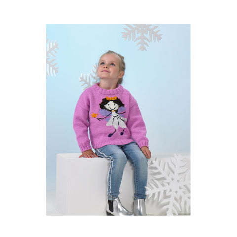 Image of knitting pattern showing a kids jumper with a fairy image on the front