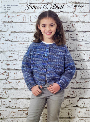 Cover image of James C Brett kids knitting pattern to knit a cardigan or jacket in DK yarn