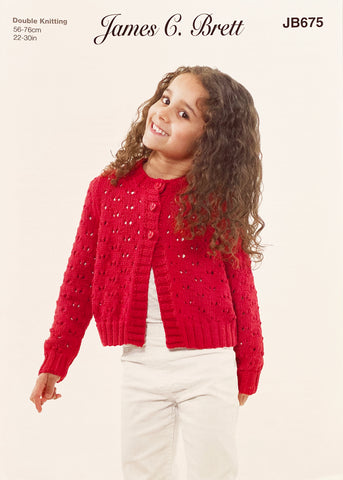 Image of knitting pattern cover featuring a girl wearing a bright pink / red cardigan. The cardigan has a subtle lace effect and the top half has buttons