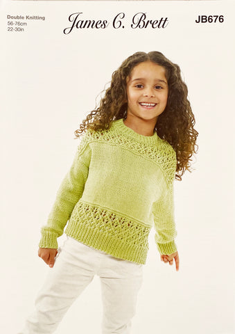 Image of knitting pattern cover featuring a girl wearing a green sweater with a round neck. The lower portion of the sweater and across the top hass a lace effect band