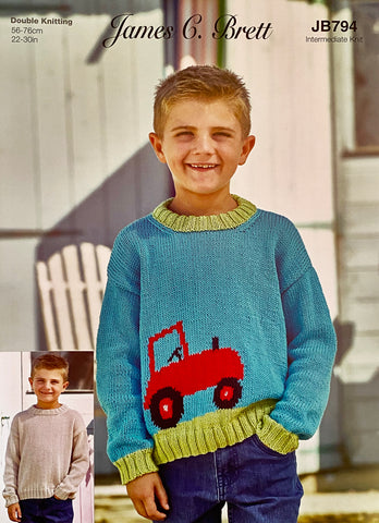 Cover image of James C Brett knitting pattern to knit a plain kids sweater or add a tractor motif