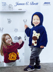 Cover image of James C Brett pattern to knit a chunky kids sweater with a lion or giraffe motif