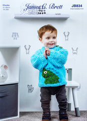 Cover image of James C Brett pattern to knit a chunky kids sweater with a dinosaur or bear motif