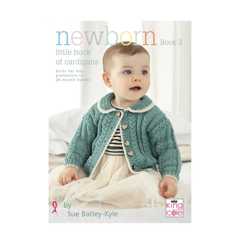 Image of cover of baby knitting pattern book featuring a baby wearing a green cardigan with collar