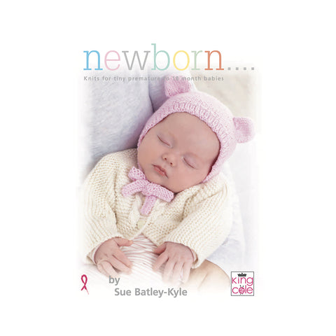 Image of cover of King Cole Newborn Book 1 knitting pattern book featuring a sleeping baby with a cute hand-knitted hat with ears