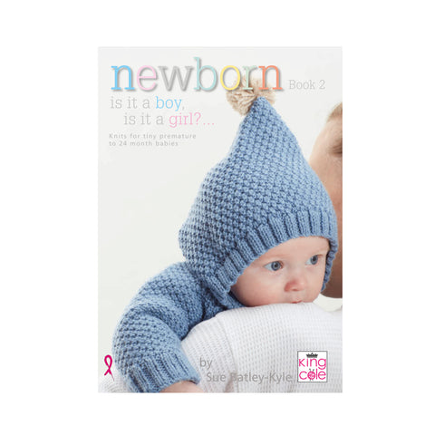Image of cover of King Cole's Newborn Book 2 knitting pattern book featuring a baby wearing a hand-knitted hoodie