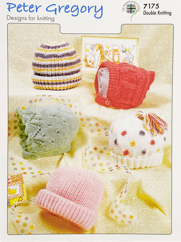 Image of knitting pattern cover with five baby hats to knit in DK yarn